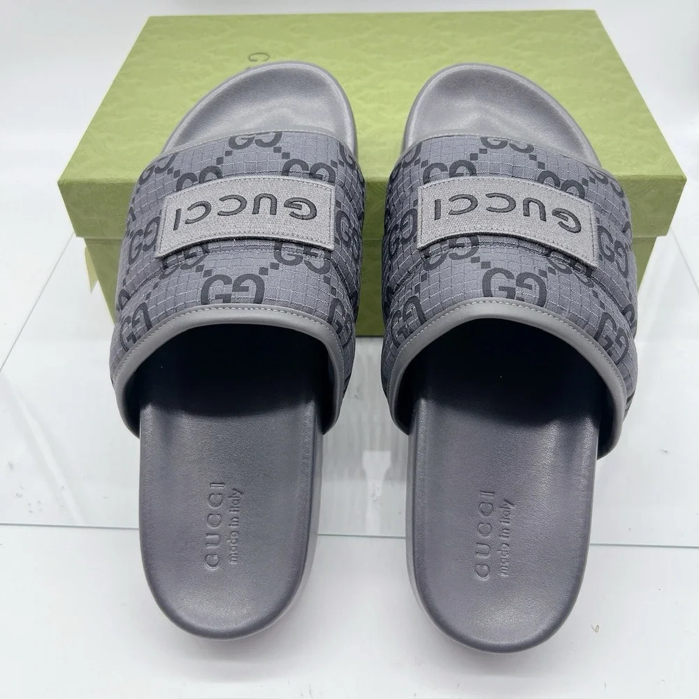 GUCCI Mens GG LOGO Ripstop Monogram Gray Slides Sandals 771466 Men UK 12 US 12.5